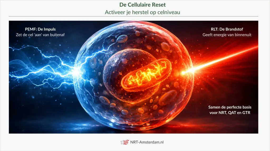 Illustratie van een cel die geactiveerd wordt door PEMF (blauwe impuls) en RLT (rode laser) voor optimaal celherstel.
