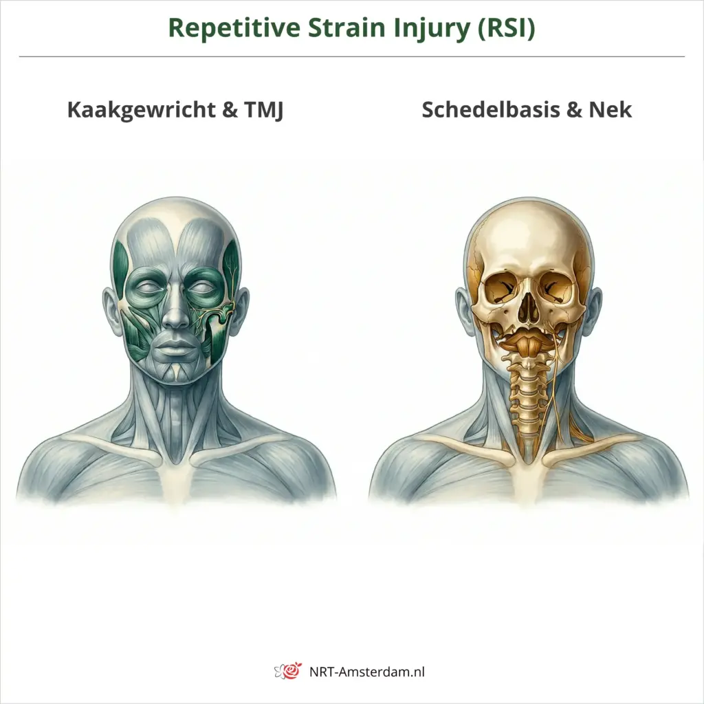Anatomische illustratie van de verbinding tussen kaakgewricht, schedelbasis en nek — NRT-Amsterdam.nl