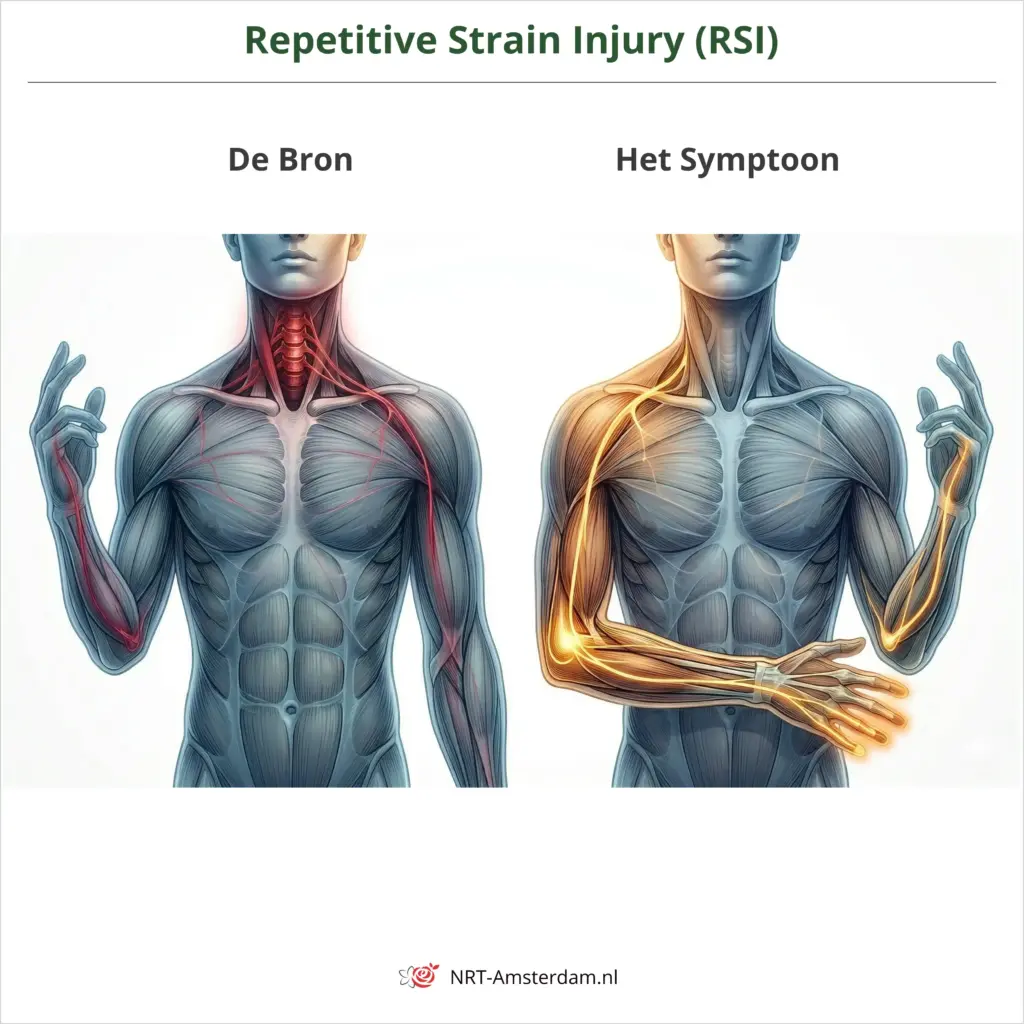 Anatomische illustratie van de zenuwketen van nek tot hand bij RSI en uitstralende armklachten — NRT-Amsterdam.nl