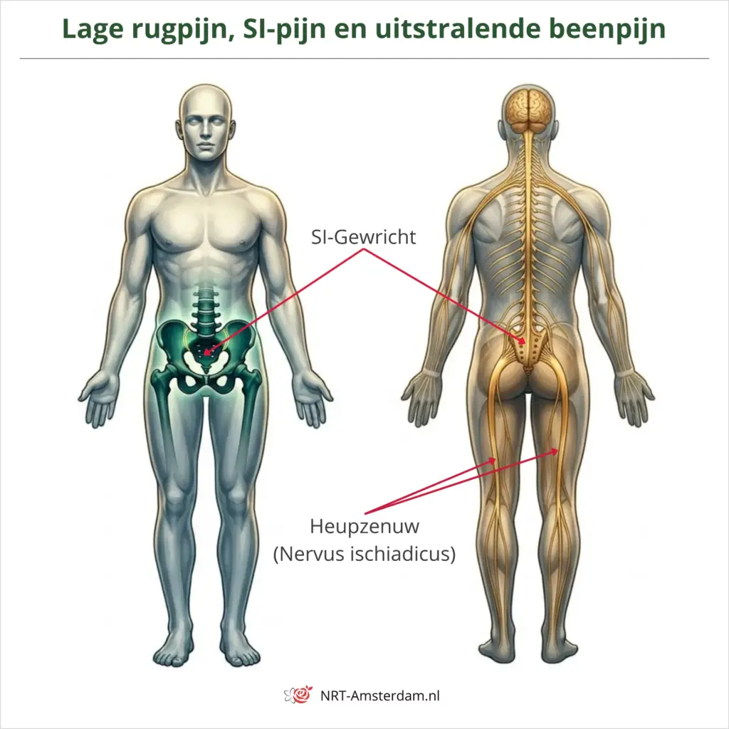 Anatomische illustratie van het SI-gewricht en de nervus ischiadicus — NRT-Amsterdam.nl